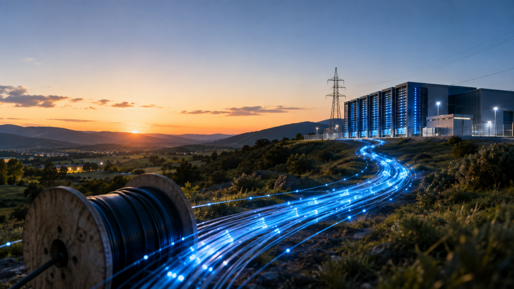 Data center at the top of a mountain glowing